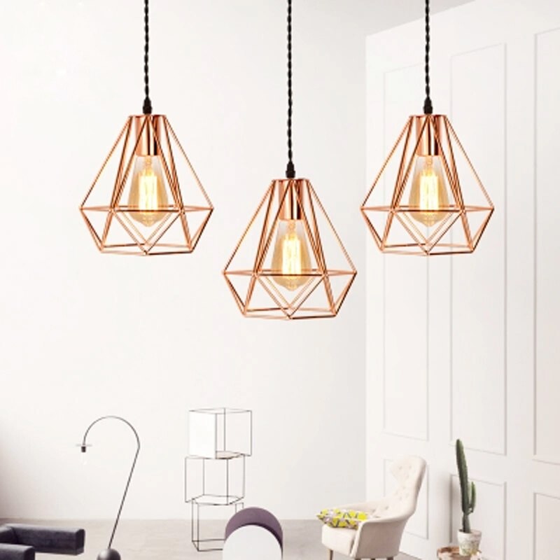 E27 Plated Rose Gold Diamond Shaped Pendant Lamp