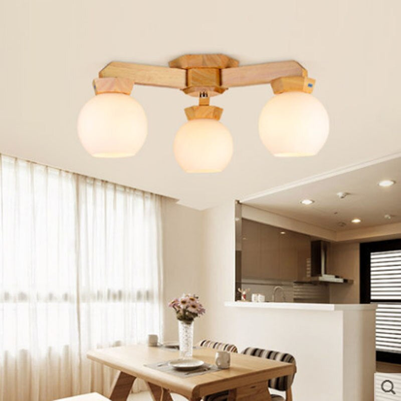 Modern Wooden Glass Ball Ceiling Lamp