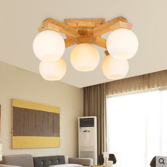 Modern Wooden Glass Ball Ceiling Lamp
