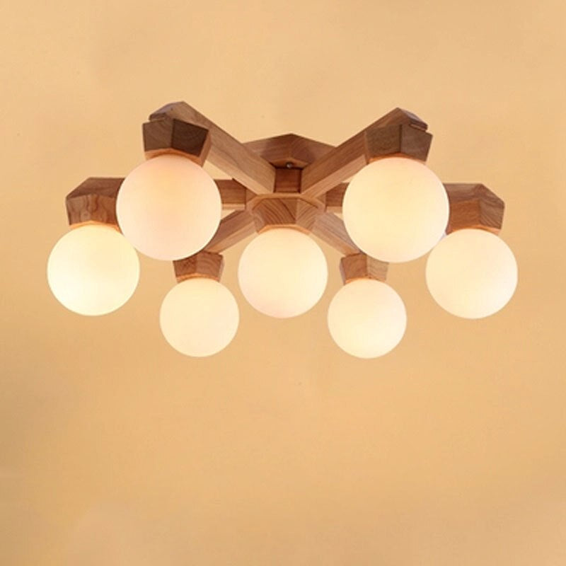 Modern Wooden Glass Ball Ceiling Lamp