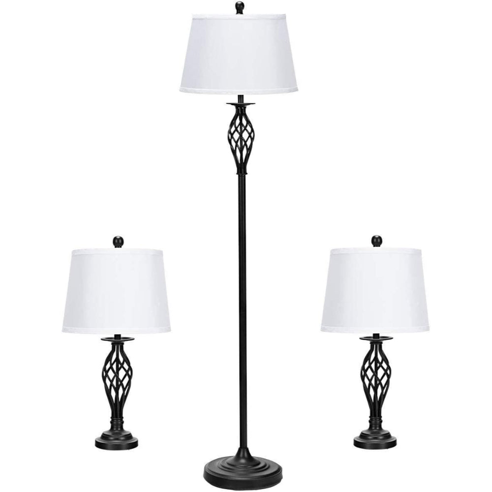 Set Of 3 Lamps With Soft Pleated White Fabric Shades