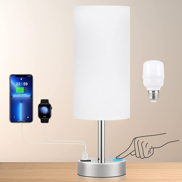 Fabric Shade Silver Base Smart Bedroom Table Lamp