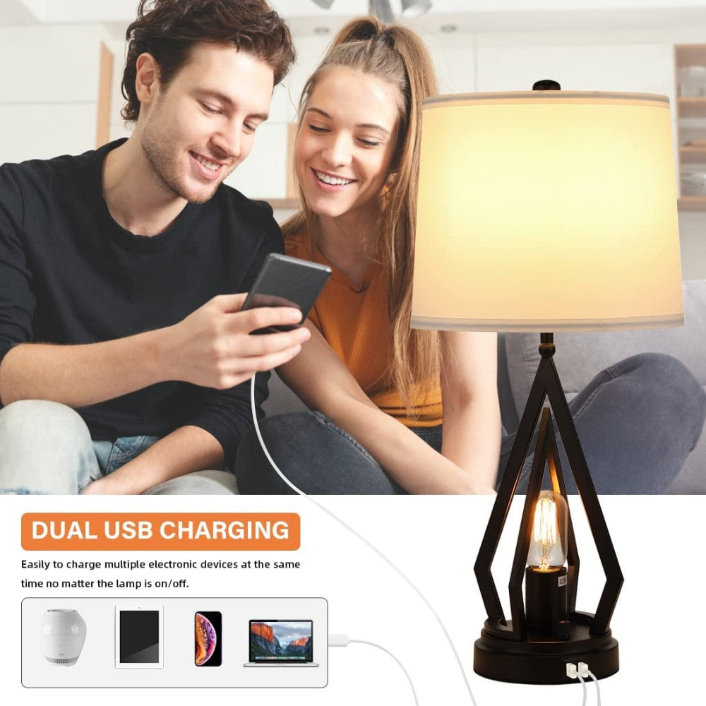 2 Set of Black Bedside Nightstand  Lamps With USB Ports