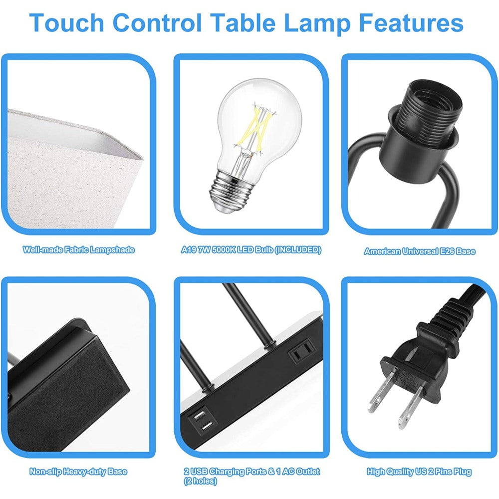 3-Way Dimmable Modern Nightstand Lamp With Dual USB Charging Ports