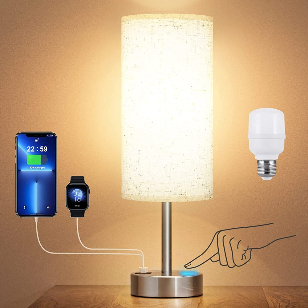 Fabric Shade Silver Base Smart Bedroom Table Lamp