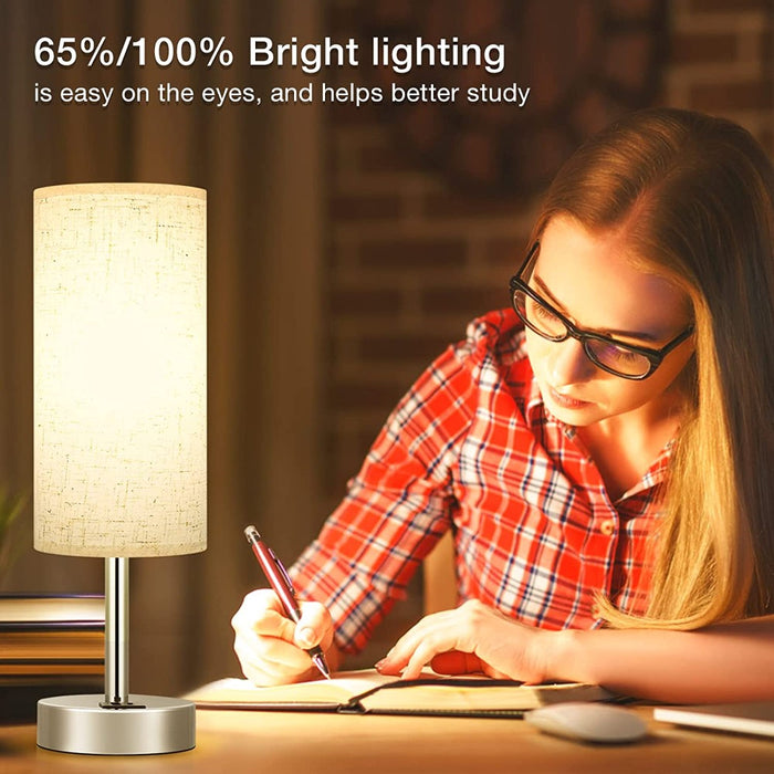 Fabric Shade Silver Base Smart Bedroom Table Lamp