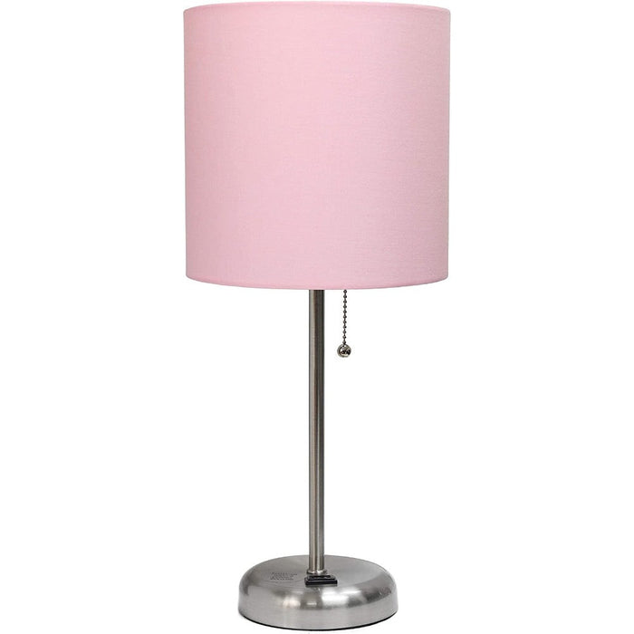 Brushed Steel Base Stick Charging Outlet Fabric Table Lamp