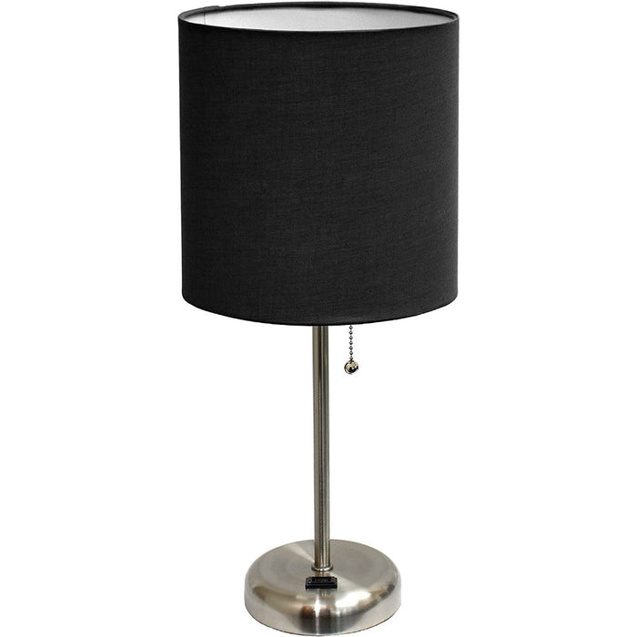 Brushed Steel Base Stick Charging Outlet Fabric Table Lamp