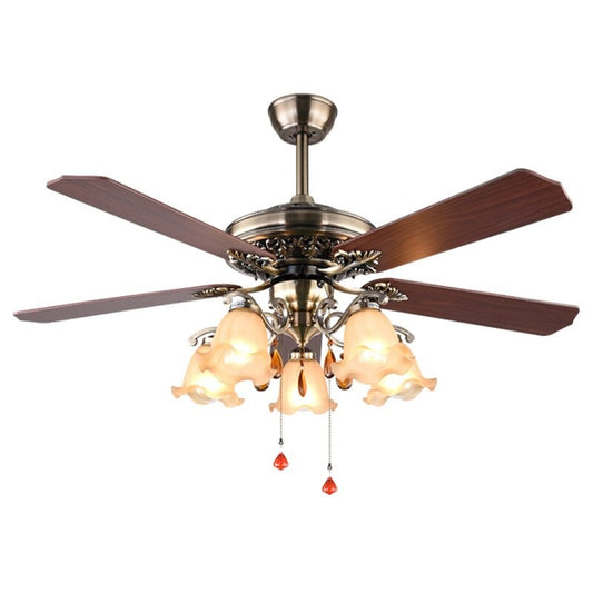 European White And Bronze Carved Wood Ceiling Fan Lamp