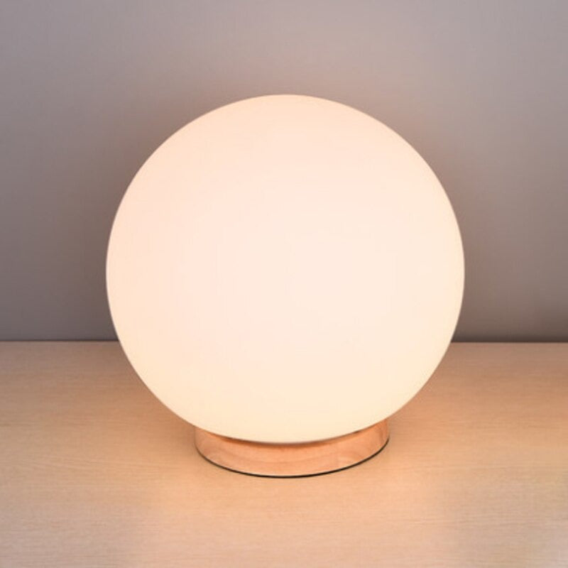 White Nordic Wood And Metal LED E27 Glass Ball Table Lamp