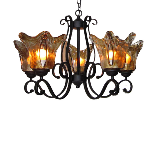 Vintage Black Iron Blown Glass Chandelier Lamp