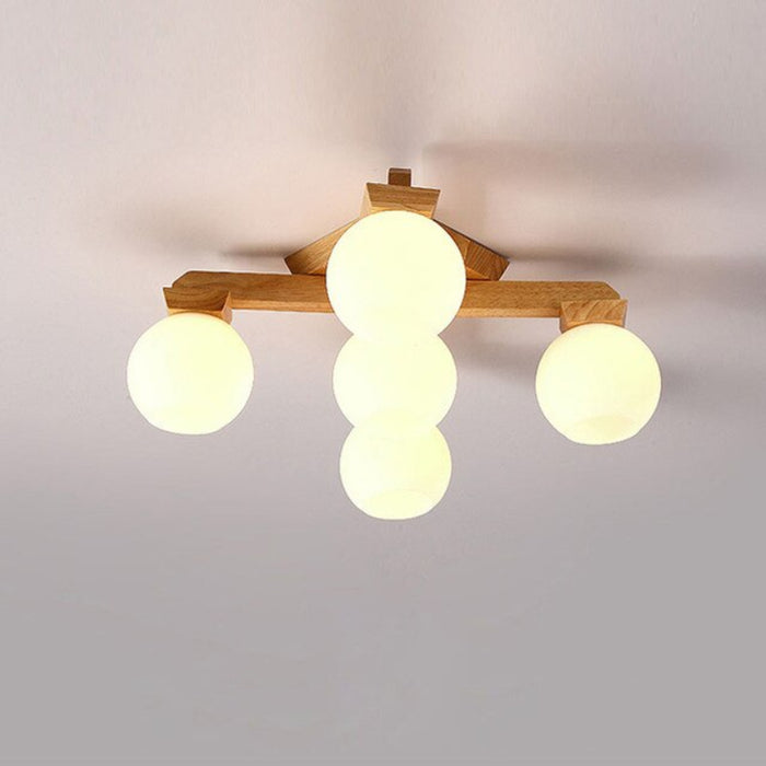Modern Wooden Glass Ball Ceiling Lamp