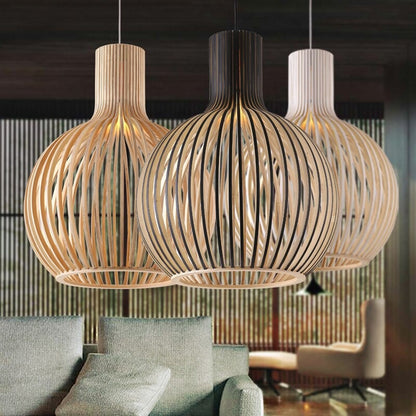 Modern Minimalist Black Wood Bird Cage Pendant Lamp