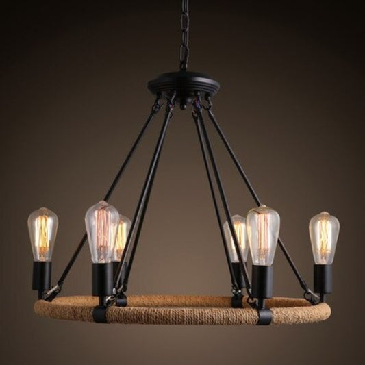 American Retro Black Paint Iron Hemp Rope Chandelier