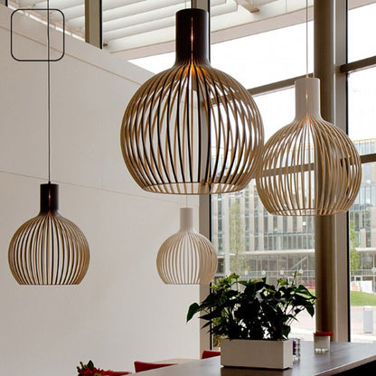 Modern Minimalist Black Wood Bird Cage Pendant Lamp