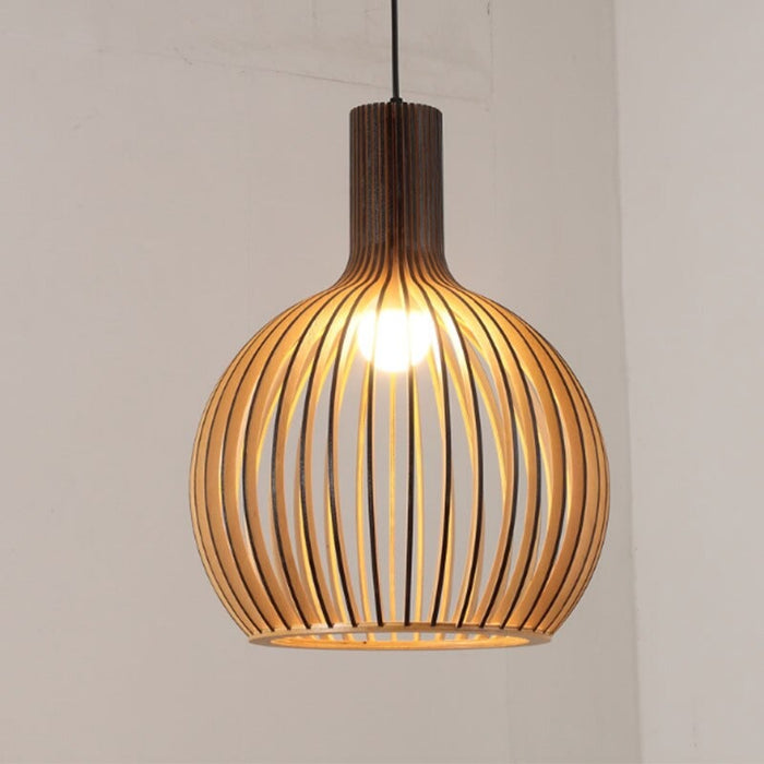 Modern Minimalist Black Wood Bird Cage Pendant Lamp