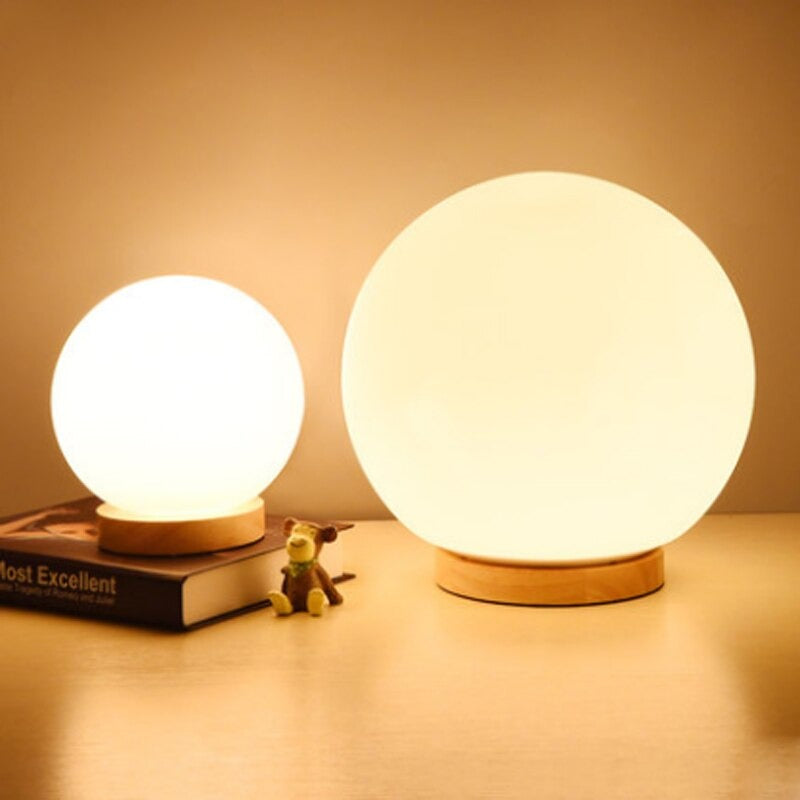 White Nordic Wood And Metal LED E27 Glass Ball Table Lamp