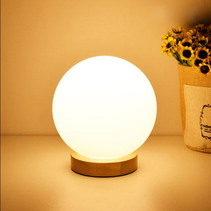 White Nordic Wood And Metal LED E27 Glass Ball Table Lamp