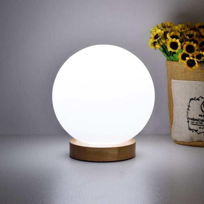 White Nordic Wood And Metal LED E27 Glass Ball Table Lamp