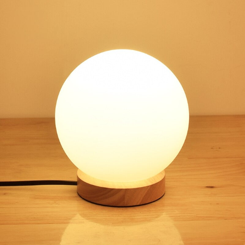 White Nordic Wood And Metal LED E27 Glass Ball Table Lamp