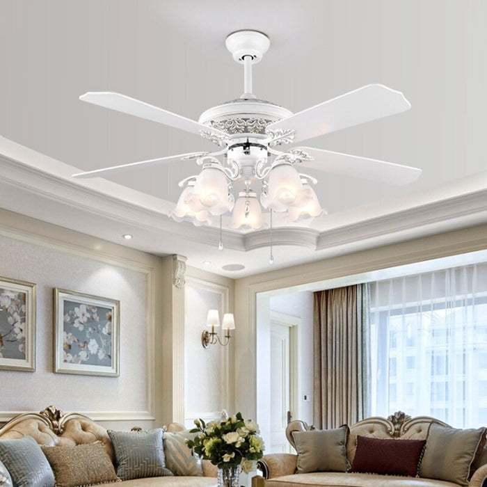 European White And Bronze Carved Wood Ceiling Fan Lamp