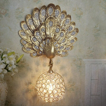 Golden Peacock Sculpture Wall Light Fixture