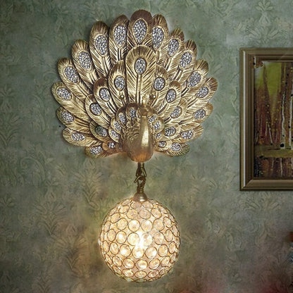 Golden Peacock Sculpture Wall Light Fixture