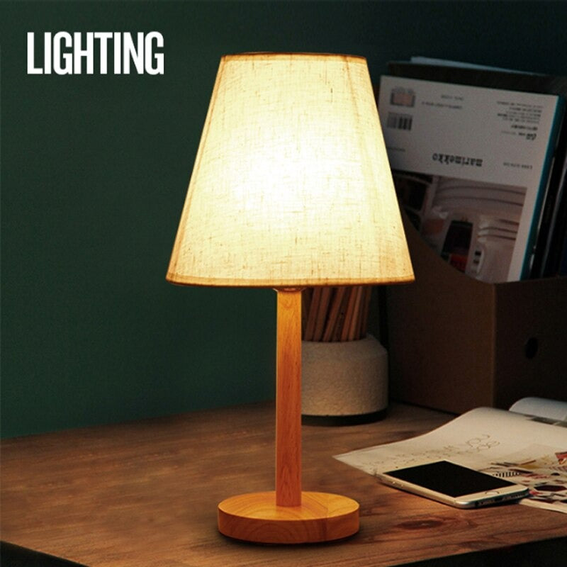 Nordic Wooden White Fabric Lampshade Table Lamp