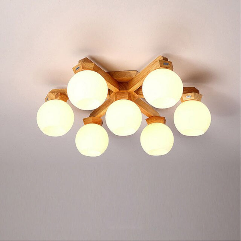 Modern Wooden Glass Ball Ceiling Lamp